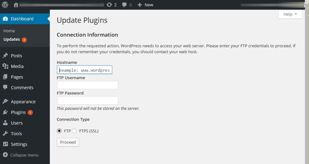 WordPress: FTP or SFTP connection information