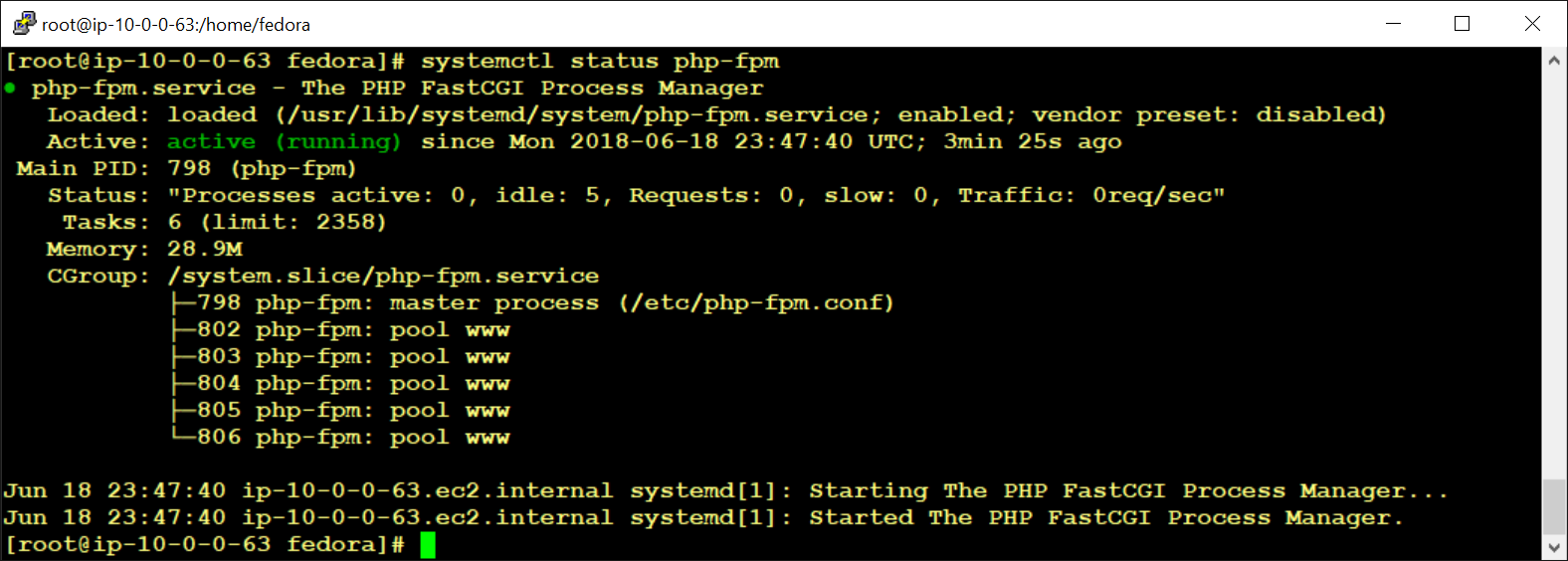 Output of the command systemctl status php-fpm from Remi repo on Fedora 28