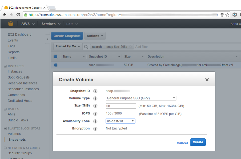 AWS EC2: create an EBS volume from a snapshot