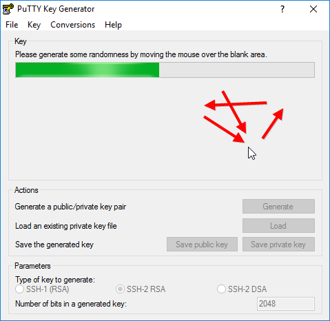 Creating a key pair in PuTTY Key Generator: random mouse movements decrease the likelihood of a successful brute-force attack on the key