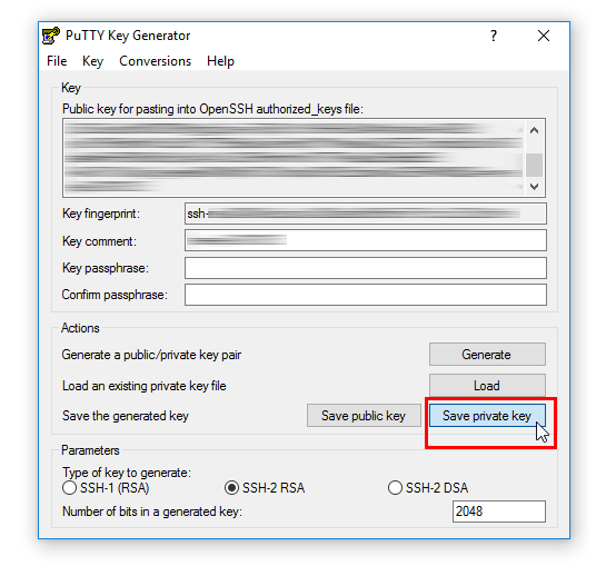 PuTTY Key Generator: saving a private key in a .ppk file for ssh access with PuTTY