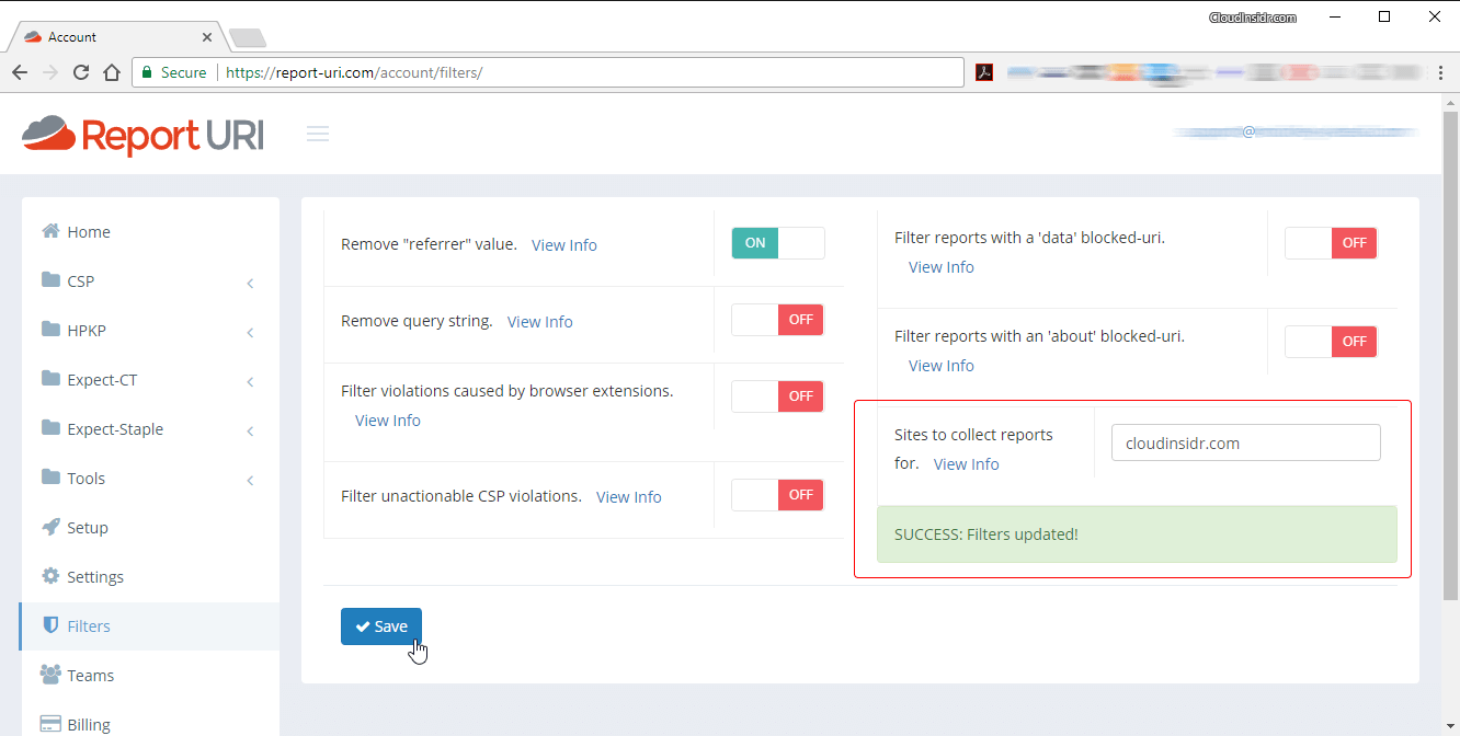 Report URI: enter eligible domains to collect reports for