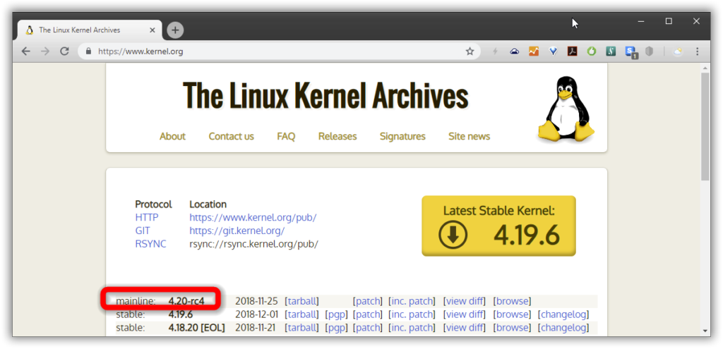 An outdated "Latest Stable" Kernel 4.19.6 and an up-to-date "Mainline" Kernel 4.20-rc4