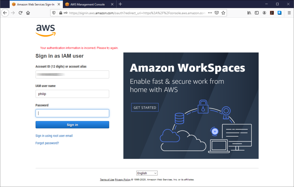 Sign in as IAM user: Your authentication information is incorrect