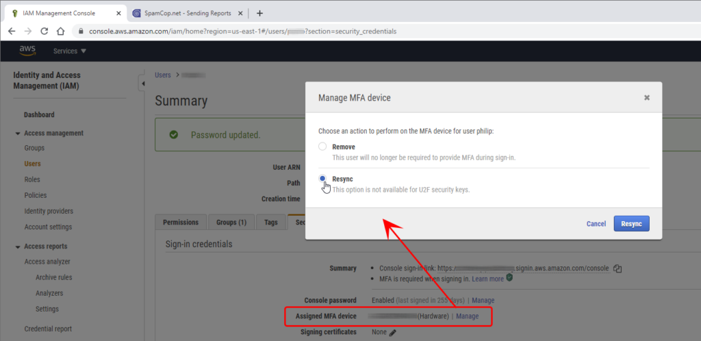 Resync MFA token generator for an IAM user on AWS