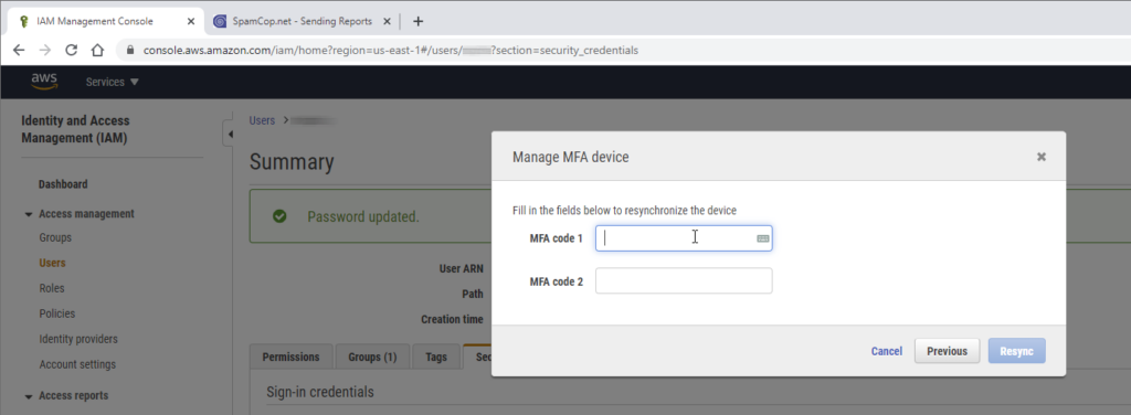 Resync MFA token generator for an IAM user on AWS
